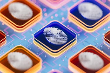 Colorful fingerprint icons on circuit board. Identity Security